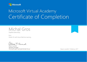 Certifikát Mictrosoft - Hands-On with Azure Machine Learning 2017 